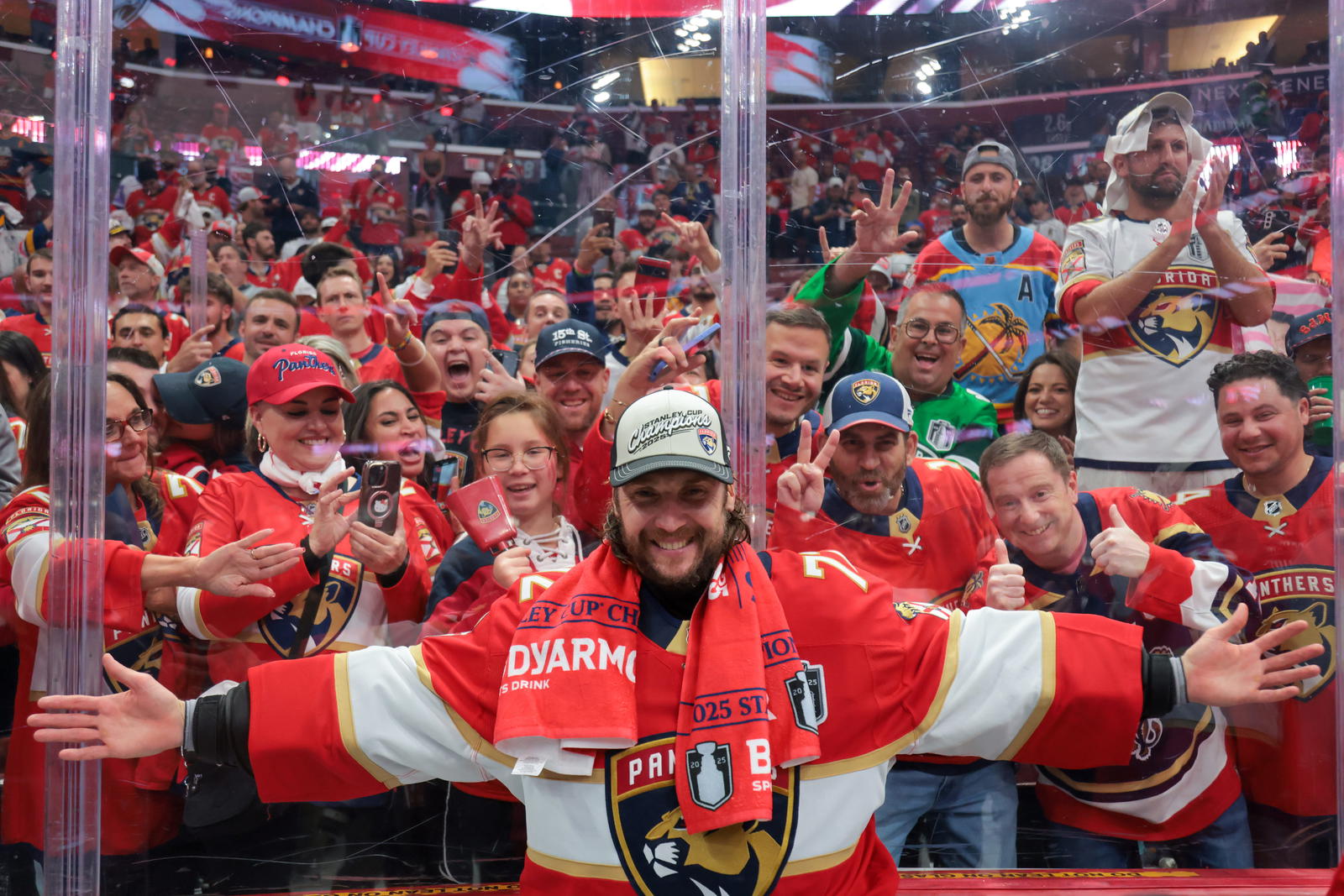 Sergei Bobrovsky poses for a photo with fans after winning Game 6 of the 2025 Stanley Cup final against the Edmonton Oilers. (Sam Navarro-Imagn Images)