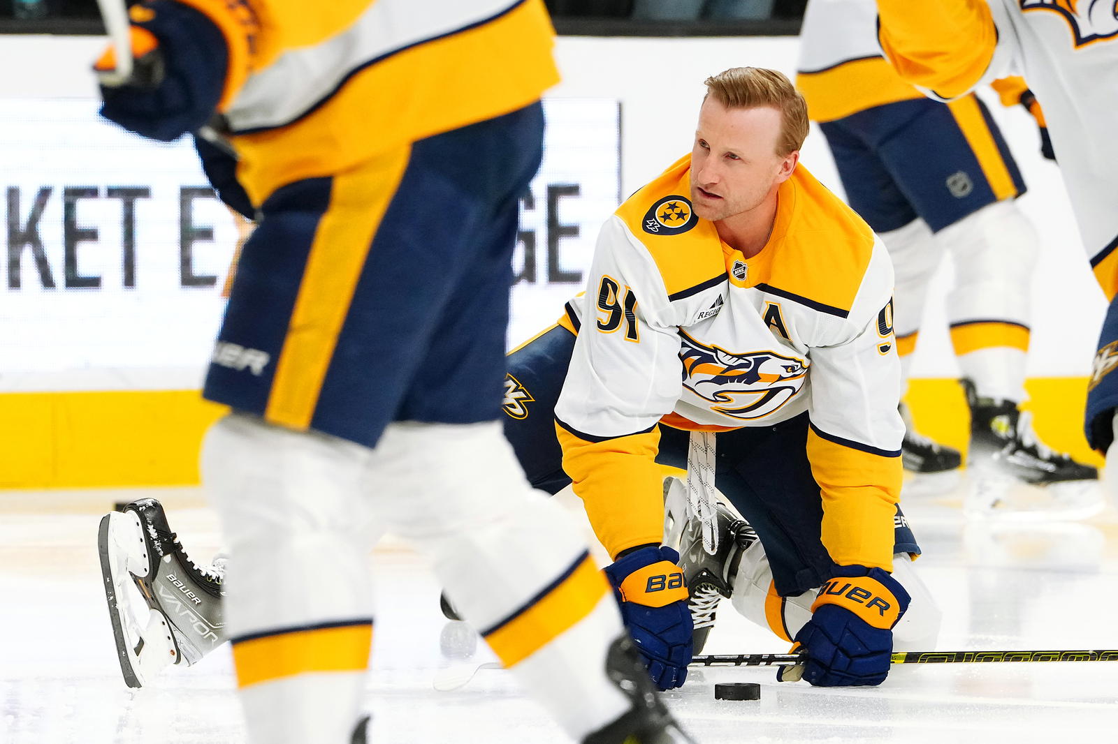 Apr 12, 2025; Las Vegas, Nevada, USA; Nashville Predators center Steven Stamkos (91) warms up before a game against the Vegas Golden Knights at T-Mobile Arena. Mandatory Credit: Stephen R. Sylvanie-Imagn Images