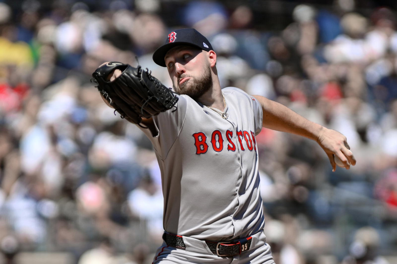 Aug 23, 2025; Bronx, New York, USA; Boston Red Sox pitcher Garrett Crochet (35) pitches against the New York Yankees during the first inning at Yankee Stadium. (John Jones/Imagn Images)
