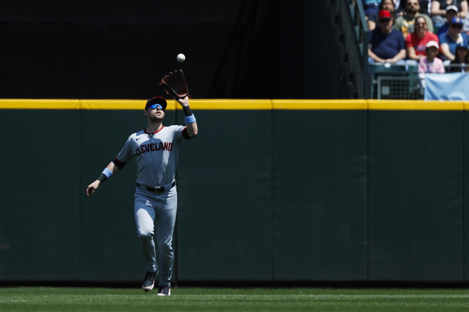 Jun 15, 2025; Seattle, Washington, USA; Cleveland Guardians center fielder Lane Thomas (8) catches a fly ball against the Seattle Mariners during the first inning at T-Mobile Park. Mandatory Credit: Joe Nicholson-Imagn Images