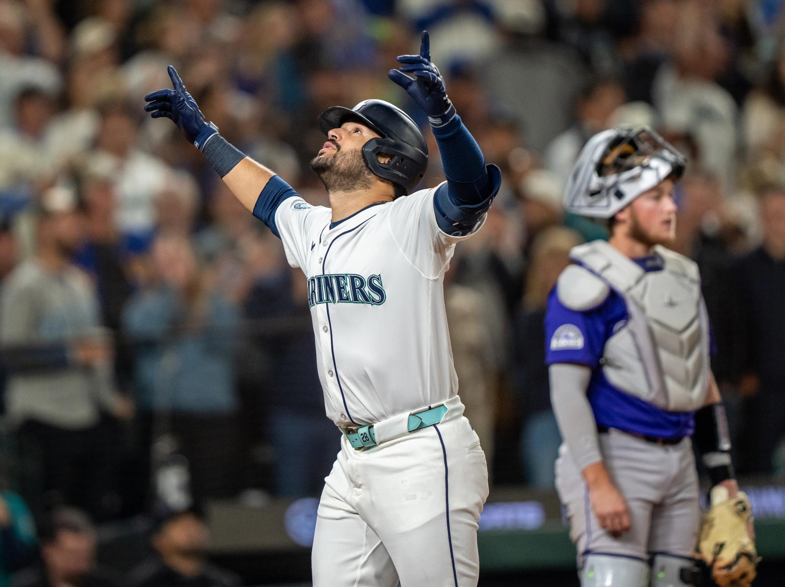 Seattle Mariners third baseman Eugenio Suarez. Credit: Stephen Brashear-Imagn Images.