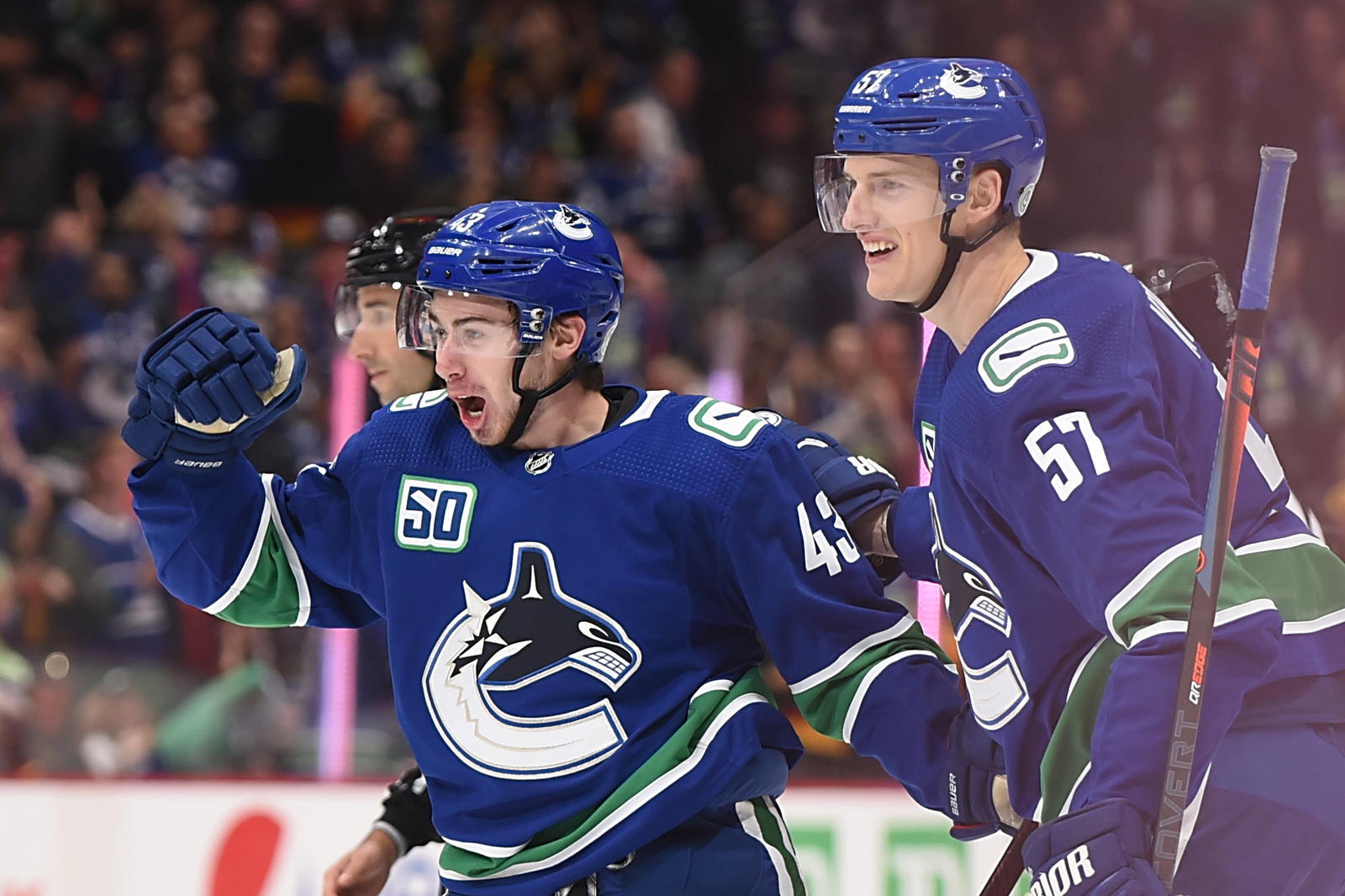 Oct 9, 2019; Vancouver, British Columbia, CAN; Vancouver Canucks defenseman Quinn Hughes (43) celebrates his goal against Los Angeles Kings goaltender Jonathan Quick (32) (not pictured) during the first period at Rogers Arena. Mandatory Credit: Anne-Marie Sorvin-Imagn Images