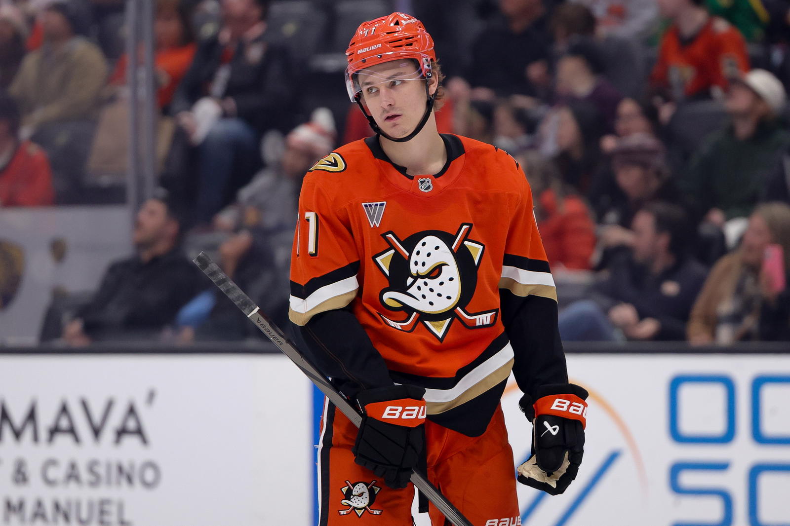 Mar 14, 2025; Anaheim, California, USA; Anaheim Ducks center Trevor Zegras (11) skates against the Nashville Predators during the third period at Honda Center. Mandatory Credit: Ryan Sun-Imagn Images