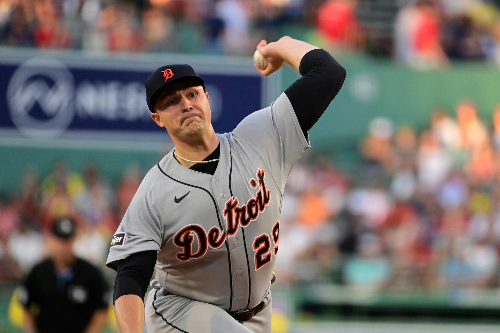 Aug 11, 2023; Boston, Massachusetts, USA; Detroit Tigers starting pitcher Tarik Skubal (29) pitches against the Boston Red Sox during the first inning at Fenway Park. (Eric Canha/Imagn Images)