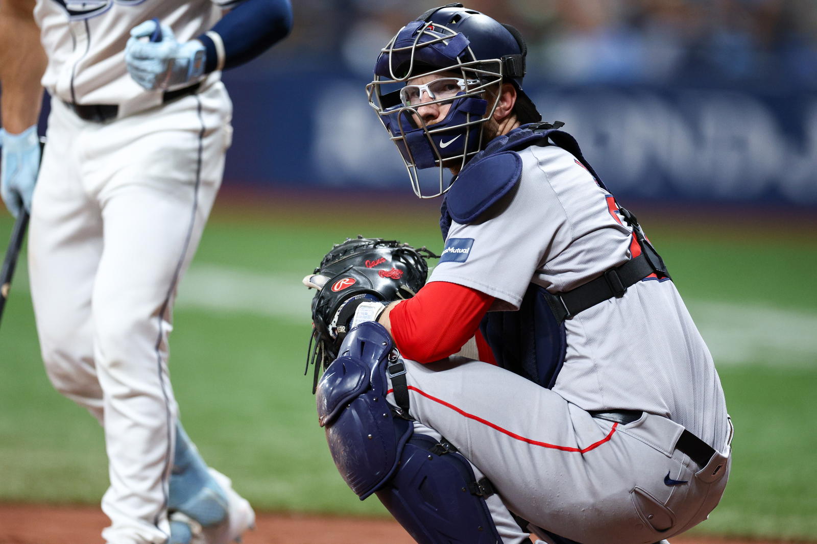 Sep 19, 2024; St. Petersburg, Florida, USA; Boston Red Sox catcher Danny Jansen (28) looks on against the Tampa Bay Rays in the fourth inning at Tropicana Field. (Nathan Ray Seebeck/Imagn Images)