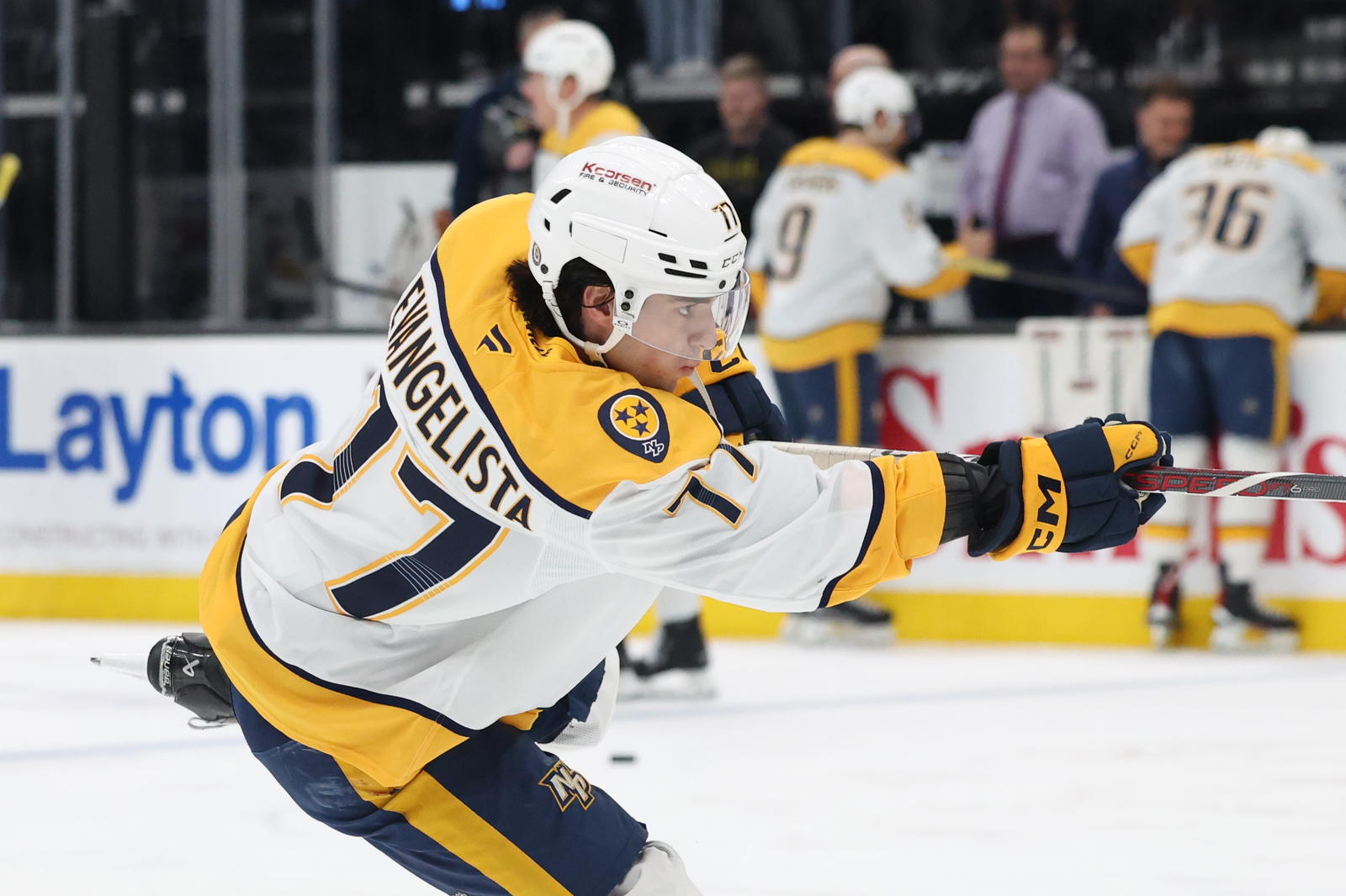 Apr 10, 2025; Salt Lake City, Utah, USA; Nashville Predators right wing Luke Evangelista warms up before a game against the Utah Hockey Club at Delta Center. (Rob Gray-Imagn Images)