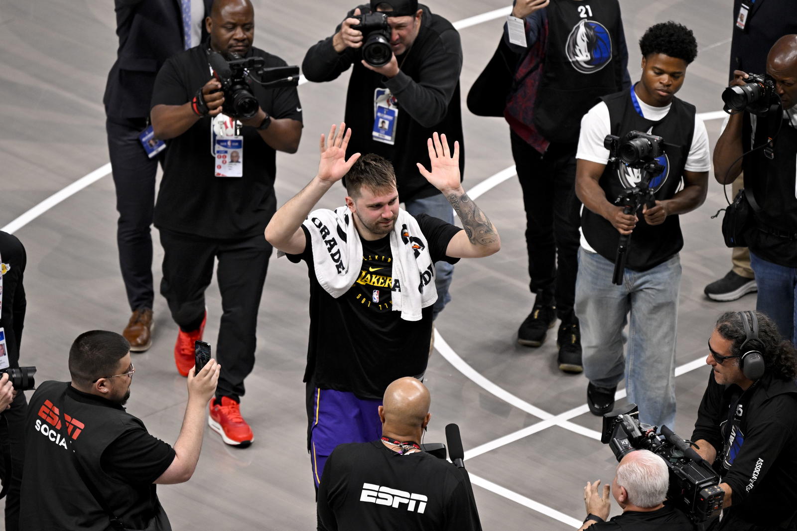 Los Angeles Lakers guard Luka Doncic (77) walks off the court after the game against the Dallas Mavericks at the American Airlines Center. Jerome Miron-Imagn Images