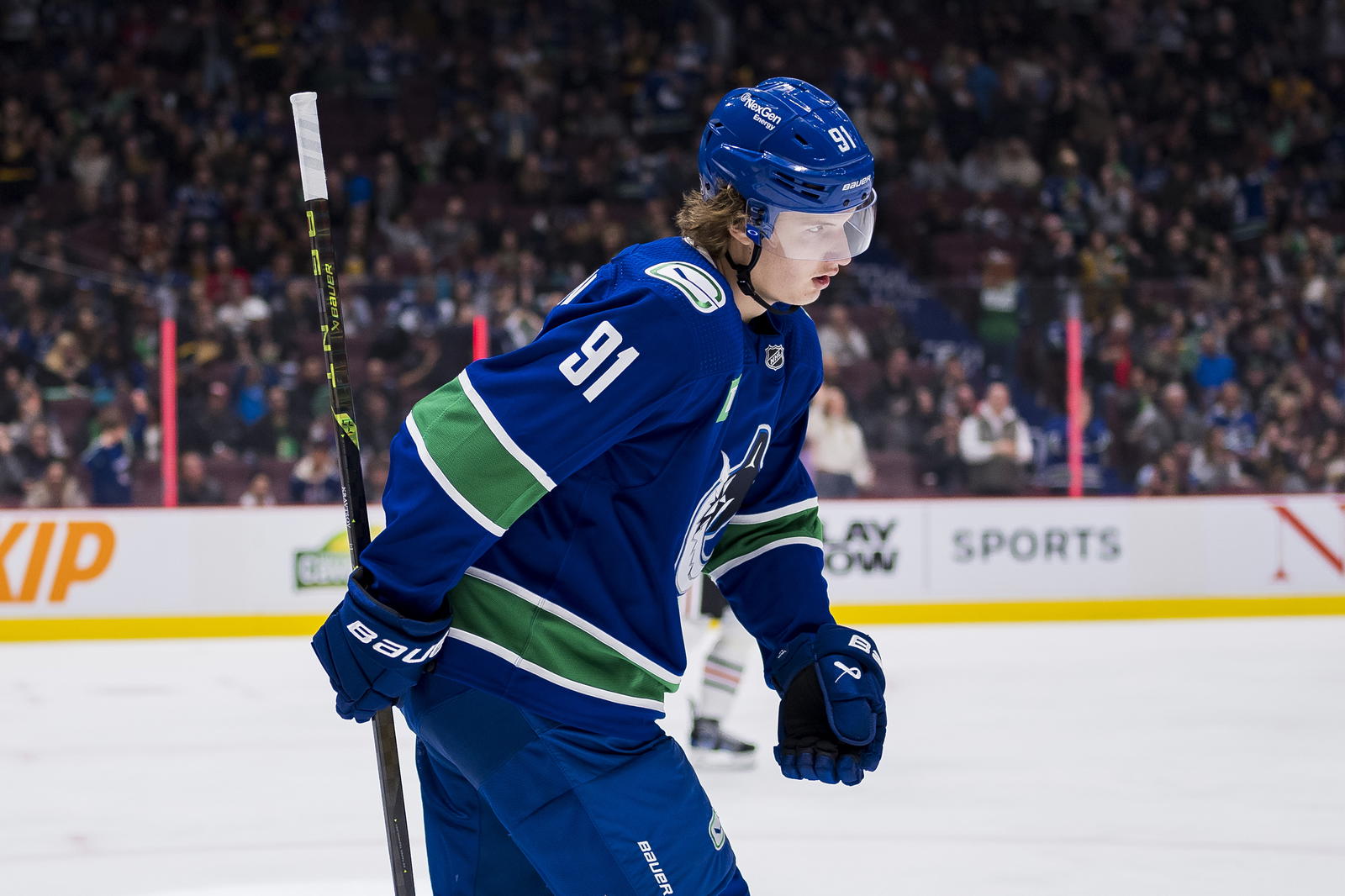 Apr 6, 2023; Vancouver, British Columbia, CAN; Vancouver Canucks forward Vitali Kravtsov (91) celebrates his goal against the Chicago Blackhawks in the second period at Rogers Arena. Mandatory Credit: Bob Frid-Imagn Images