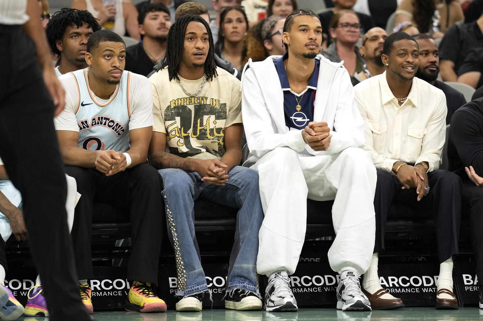 San Antonio Spurs players Keldon Johnson, Devin Vassell, Victor Wembanyama and De'Aaron Fox. Credit:&nbsp;Scott Wachter-Imagn Images.