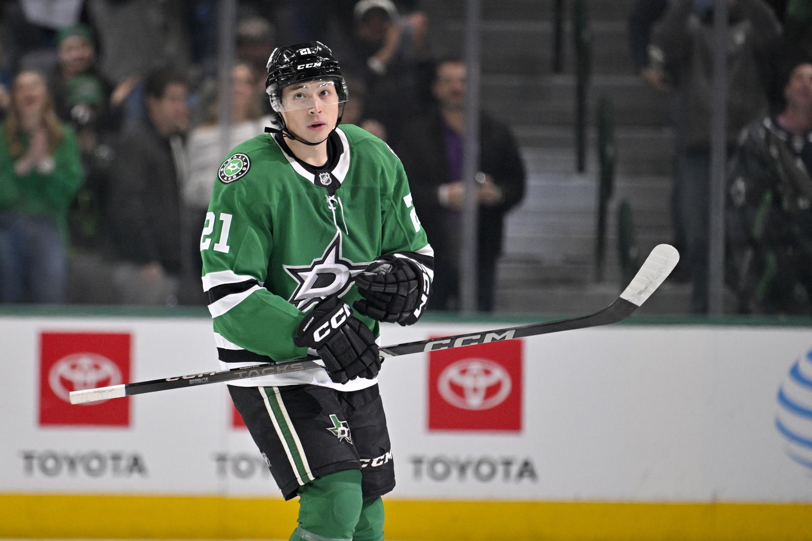 Jan 31, 2025; Dallas, Texas, USA; Dallas Stars left wing Jason Robertson (21) in action during the game between the Dallas Stars and the Vancouver Canucks at the American Airlines Center. Mandatory Credit: Jerome Miron-Imagn Images