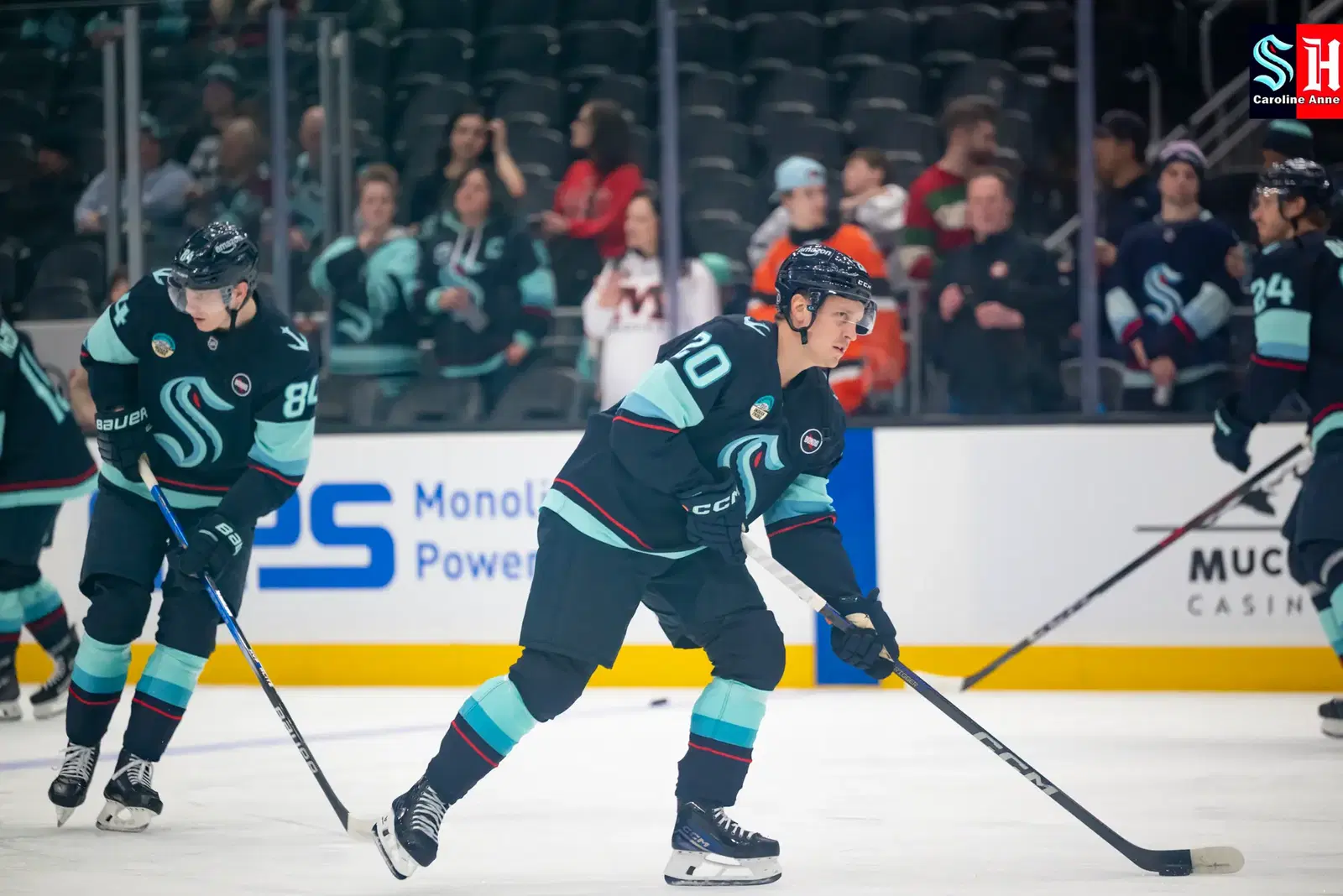 Eeli Tolvanen during warmups at Climate Pledge Arena on March 14, 2025.