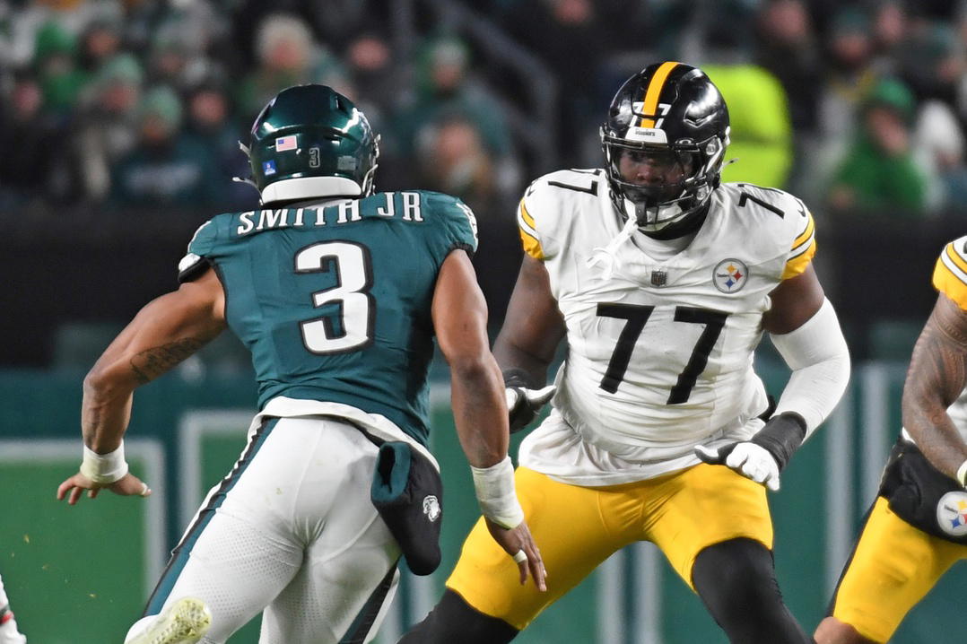 Pittsburgh Steelers tackle Broderick Jones. Credit: Eric Hartline-Imagn Images.