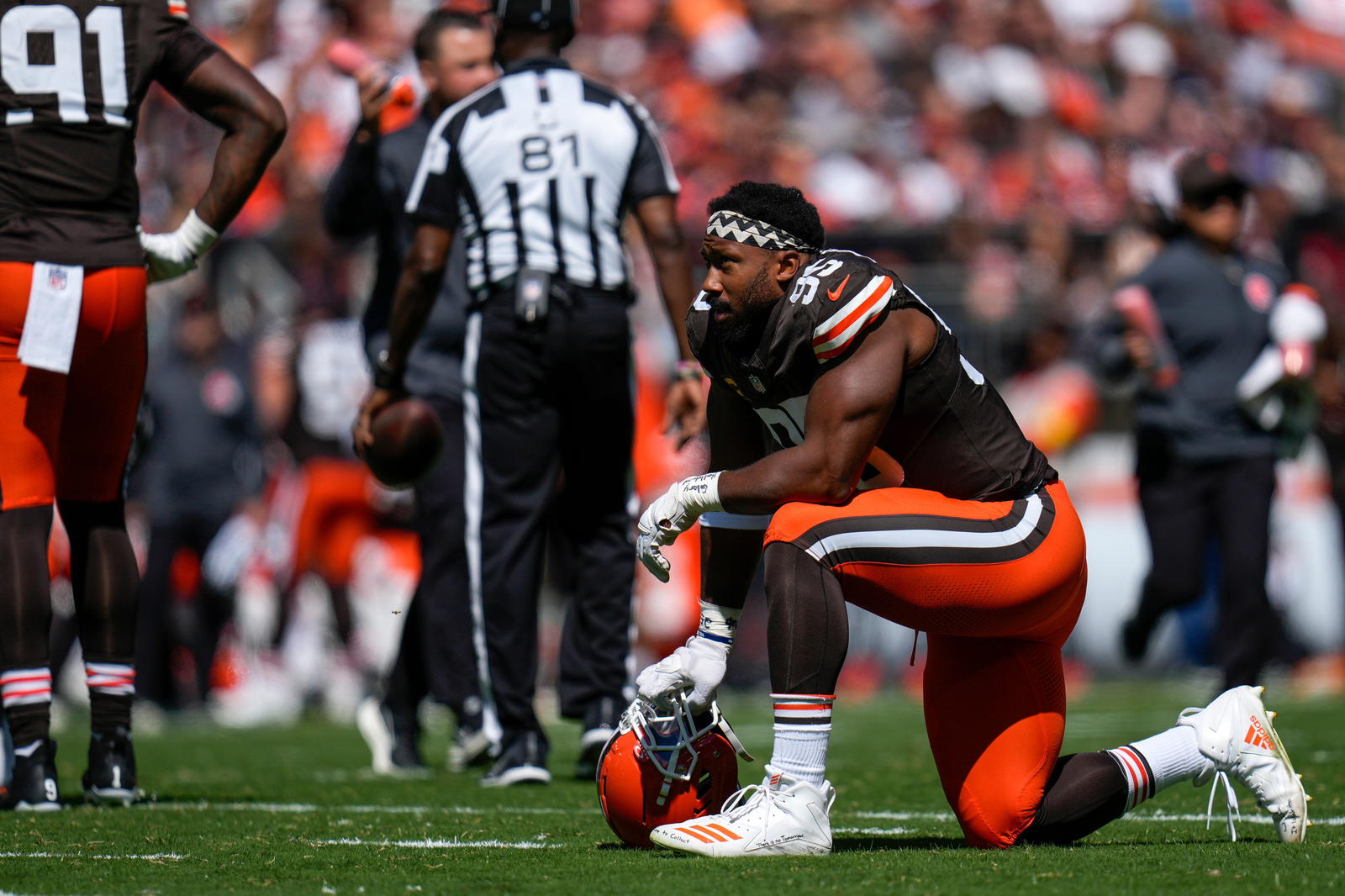 Cleveland Browns defensive end Myles Garrett. Credit: Sam Greene via Imagn Images.