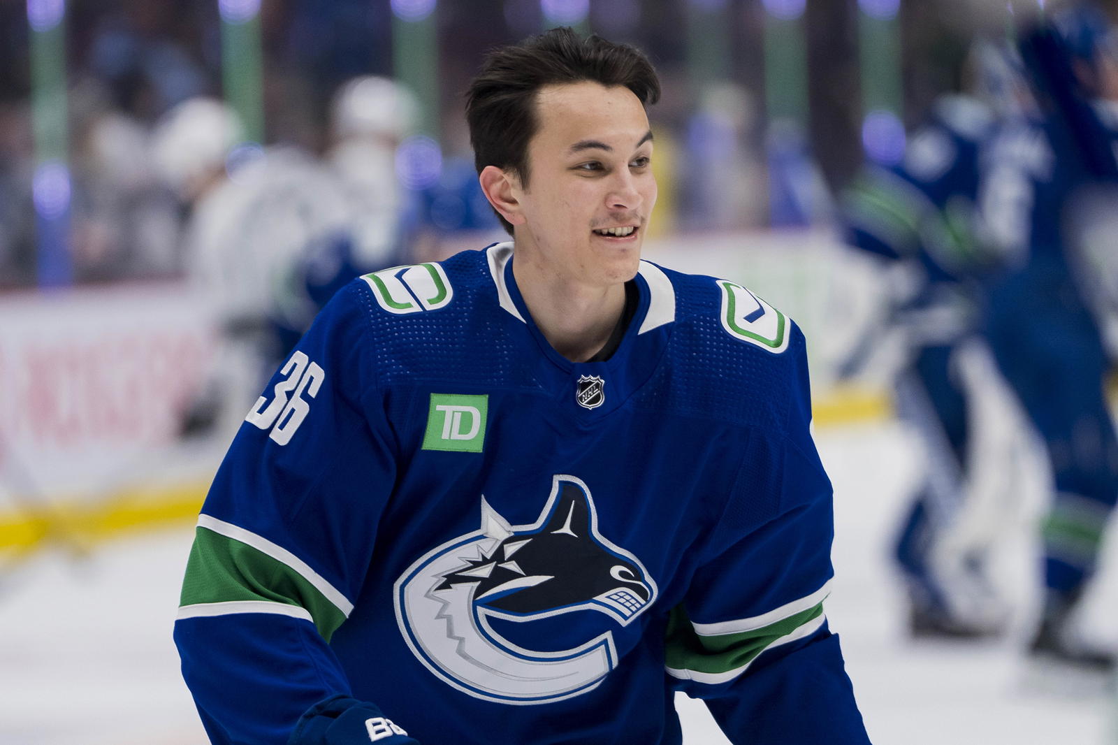 Apr 2, 2023; Vancouver, British Columbia, CAN; Vancouver Canucks defenseman Akito Hirose (36) skates during warm up in his NHL debut prior to a game against the Los Angeles Kings at Rogers Arena. Mandatory Credit: Bob Frid-Imagn Images
