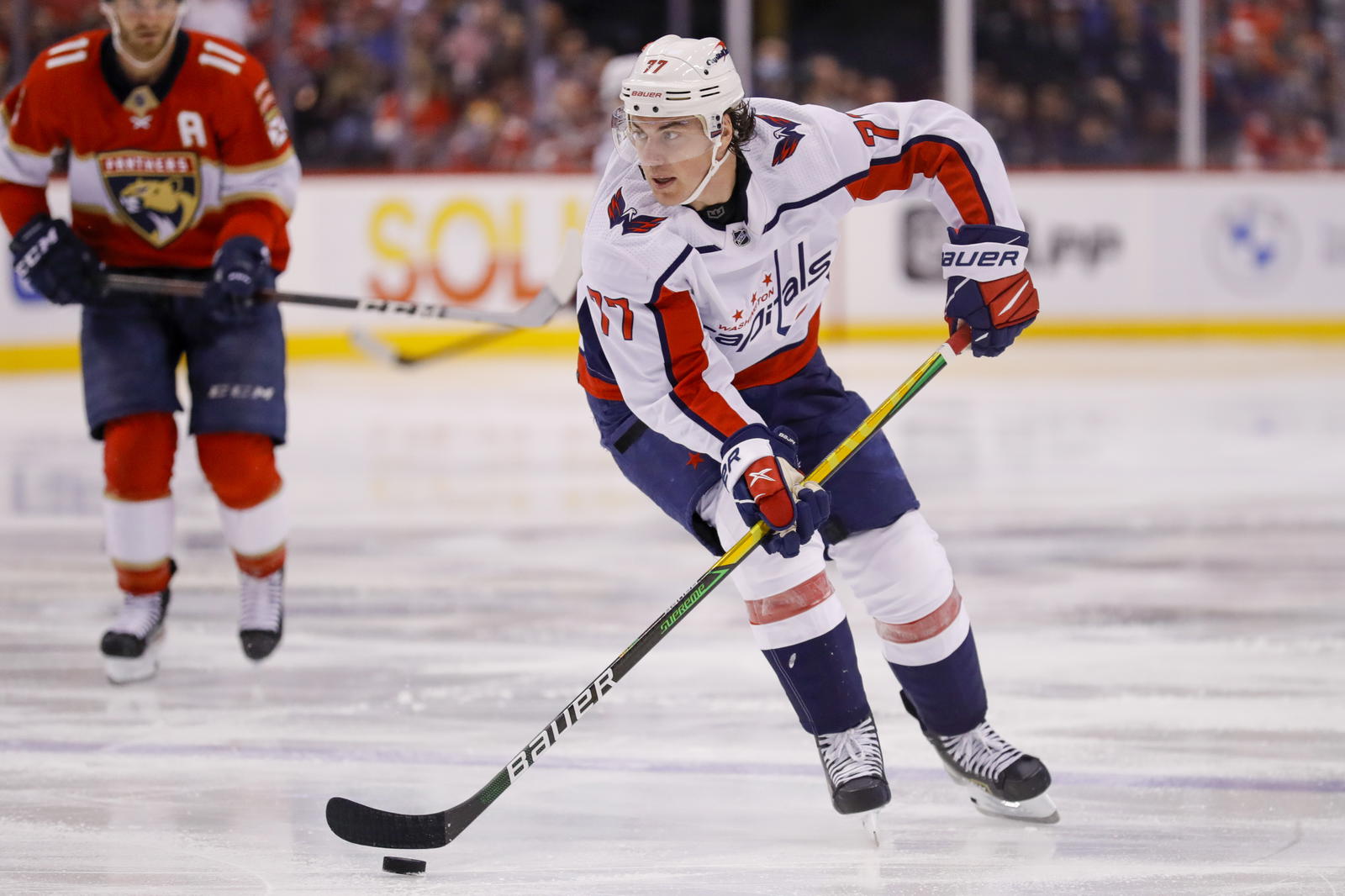 After spending the first seven years of his NHL career with the St. Louis Blues, T.J. Oshie (77), who announced his retirement on Monday, played the last nine seasons of his 16-year career with the Washington Capitals. (Sam Navarro-Imagn Images)