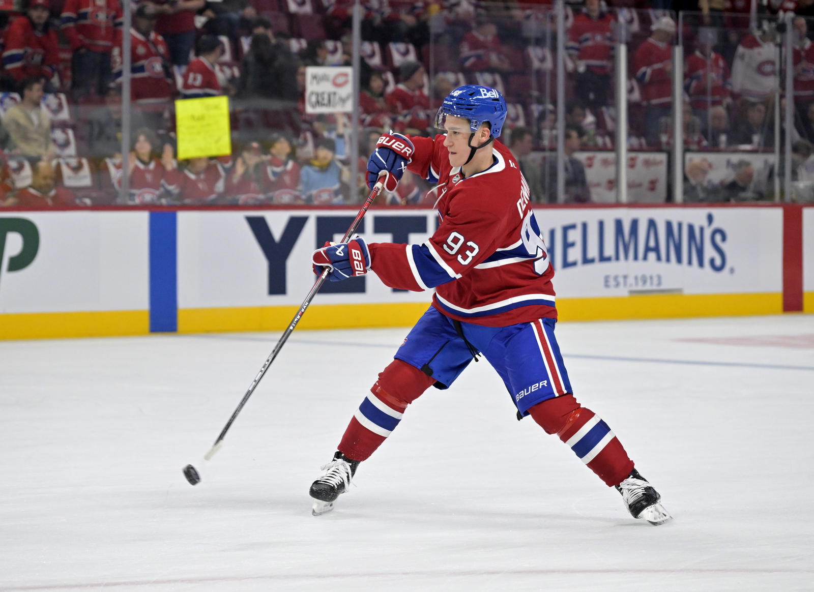 Apr 25, 2025; Montreal, Quebec, CAN; Montreal Canadiens forward Ivan Demidov (93) shoots the puck during the warmup period in game three of the first round of the 2025 Stanley Cup Playoffs against the Washington Capitals at the Bell Centre. Photo Credit: Eric Bolte-Imagn Images