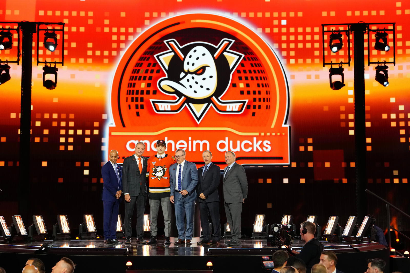 Jun 28, 2024; Las Vegas, Nevada, USA; Stian Solberg is selected by the Anaheim Ducks with the 23rd overall pick in the first round of the 2024 NHL Draft at The Sphere. Mandatory Credit: Stephen R. Sylvanie-Imagn Images