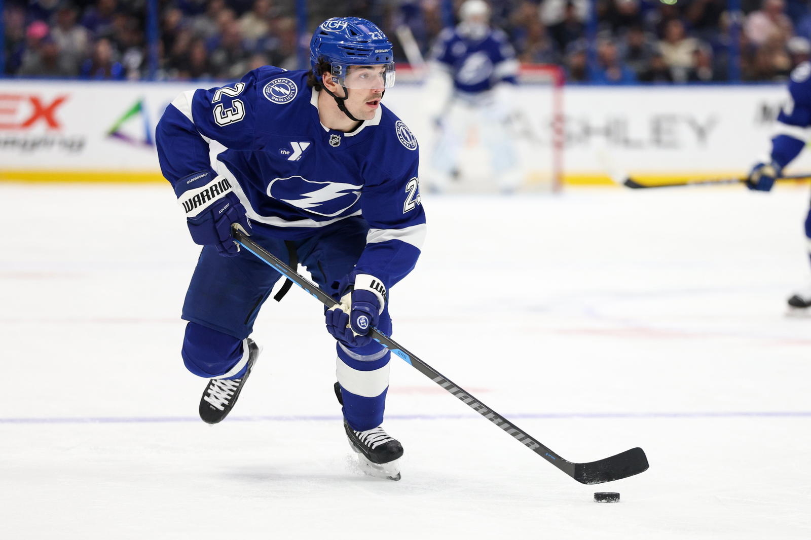 Tampa Bay Lightning center Michael Eyssimont (23) controls the puck against the Columbus Blue Jackets in the second period at Amalie Arena. Mandatory Credit: Nathan Ray Seebeck-Imagn Images