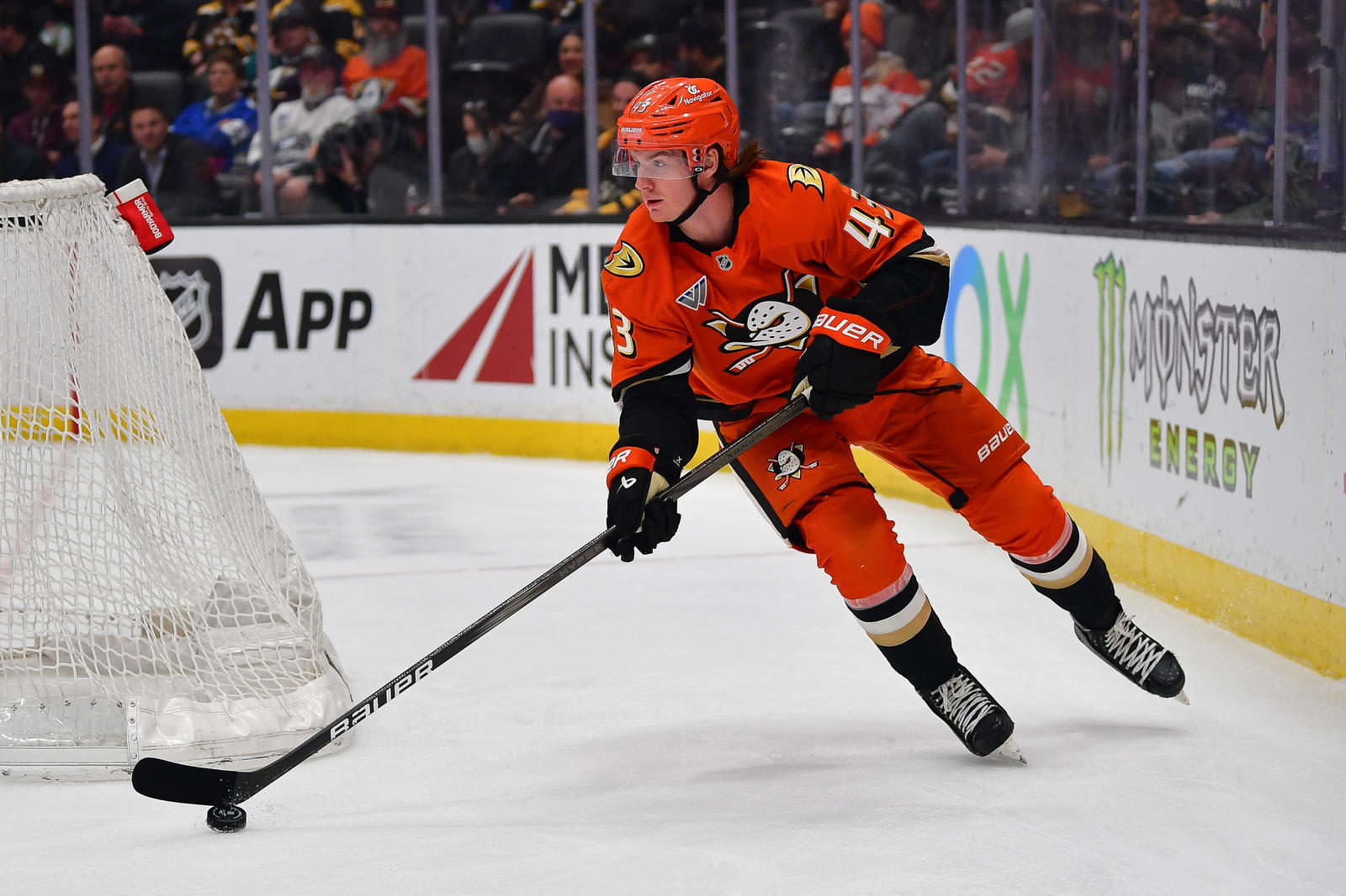 Mar 26, 2025; Anaheim, California, USA; Anaheim Ducks defenseman Drew Helleson (43) moves the puck against the Boston Bruins during the first period at Honda Center. Mandatory Credit: Gary A. Vasquez-Imagn Images