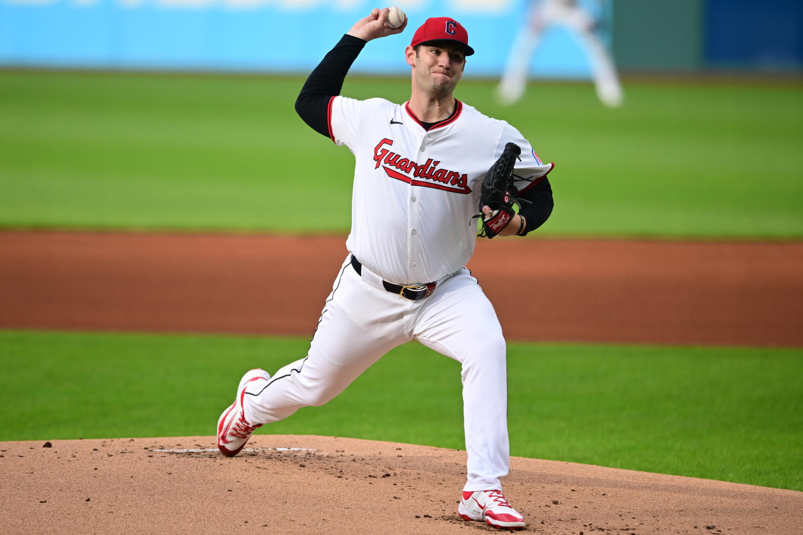 Apr 21, 2025; Cleveland, Ohio, USA; Cleveland Guardians starting pitcher Gavin Williams (32)throws a pitch during the first inning against the New York Yankees at Progressive Field. Mandatory Credit: David Dermer-Imagn Images