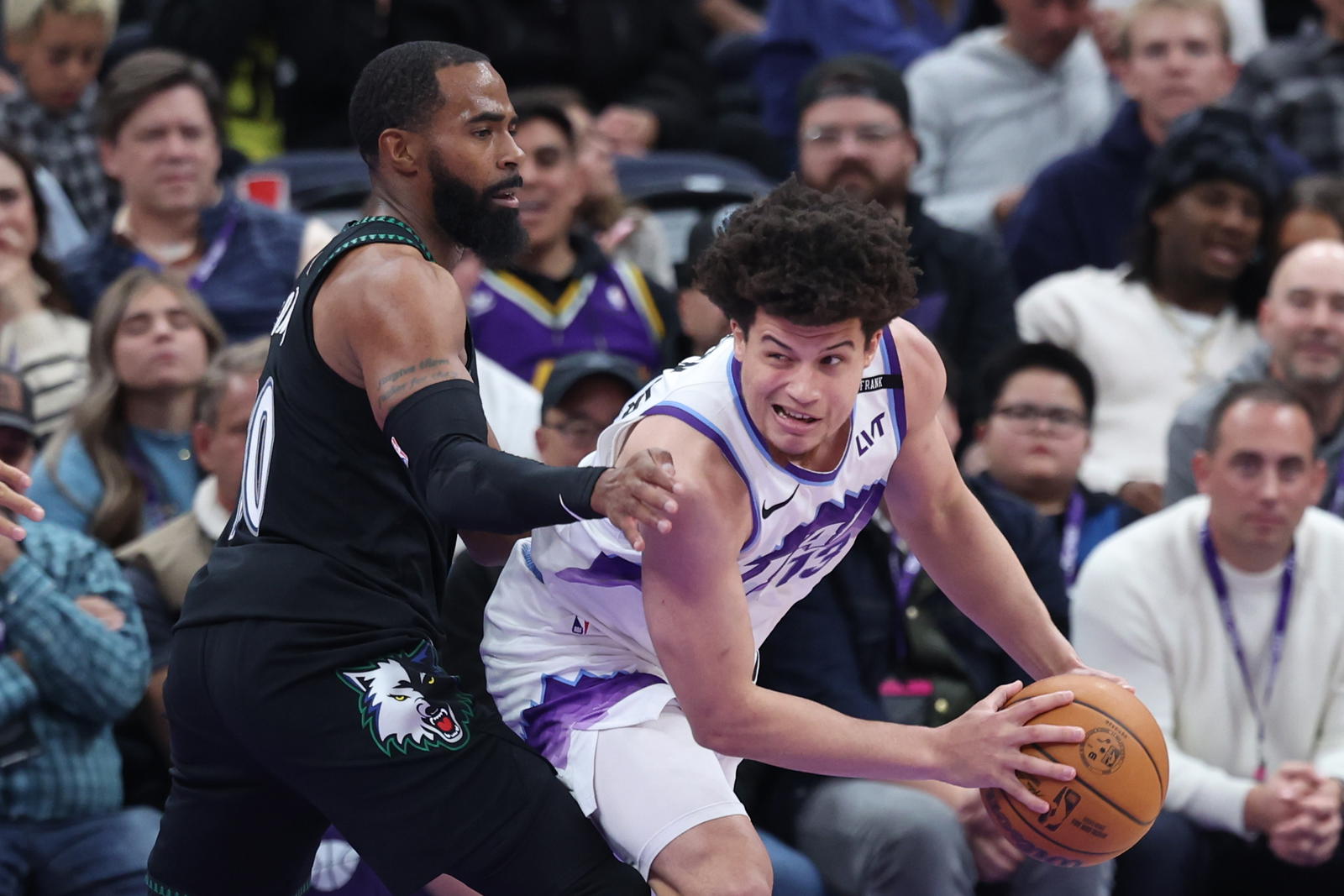 Utah Jazz guard Walter Clayton Jr. (13) looks for the play against Minnesota Timberwolves guard Mike Conley (10) during the second half at Delta Center.&nbsp;Rob Gray-Imagn Images