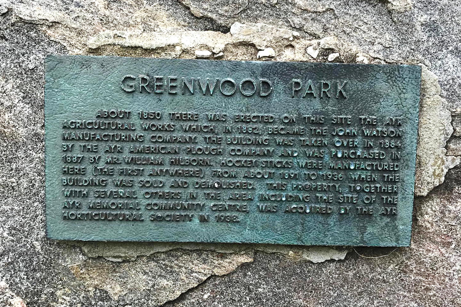 In Greenwood Park, there is a plaque on a rock to mark the site of a foundry built by Scottish immigrant John Watson. (Heritage Sticks Archives)