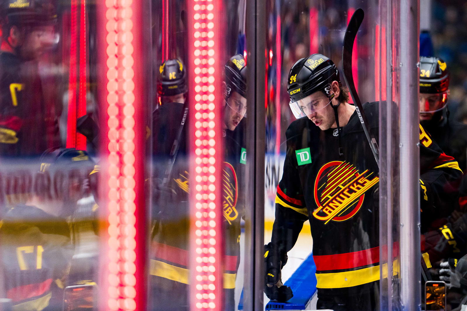 Jan 25, 2025; Vancouver, British Columbia, CAN; Vancouver Canucks forward Linus Karlsson (94) goes onto the ice at the start of the third period against the Washington Capitals at Rogers Arena. Mandatory Credit: Bob Frid-Imagn Images