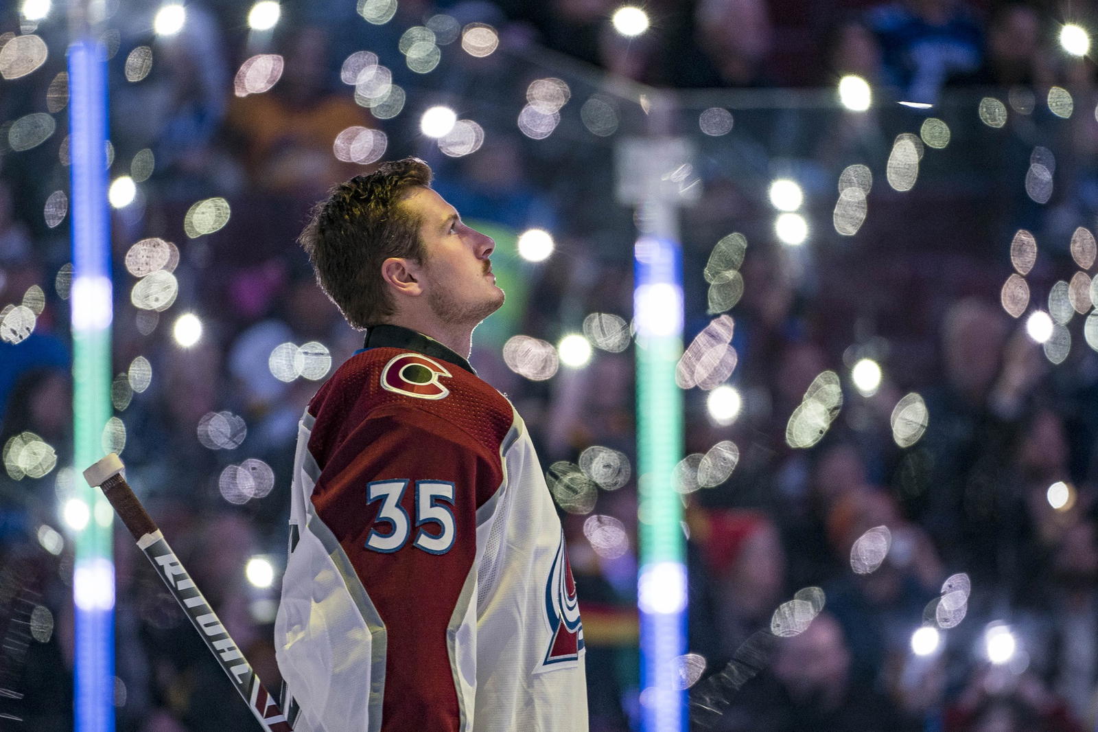 Nov 16, 2019; Vancouver, British Columbia, CAN; Colorado Avalanche goalie Antoine Bibeau (35) during the pre-game ceremony against the Vancouver Canucks in a game at Rogers Arena. Credit: Bob Frid-Imagn Images