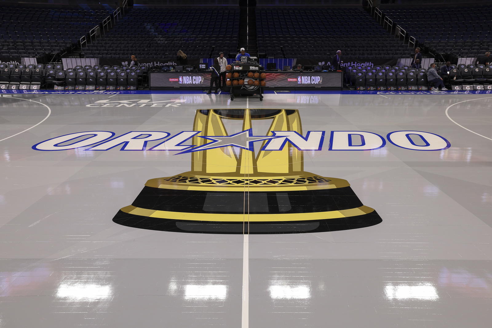 Nov 7, 2025; Orlando, Florida, USA; a general view of the court before a NBA Cup game between the Orlando Magic and the Boston Celtics at Kia Center. (Nathan Ray Seebeck/Imagn Images)