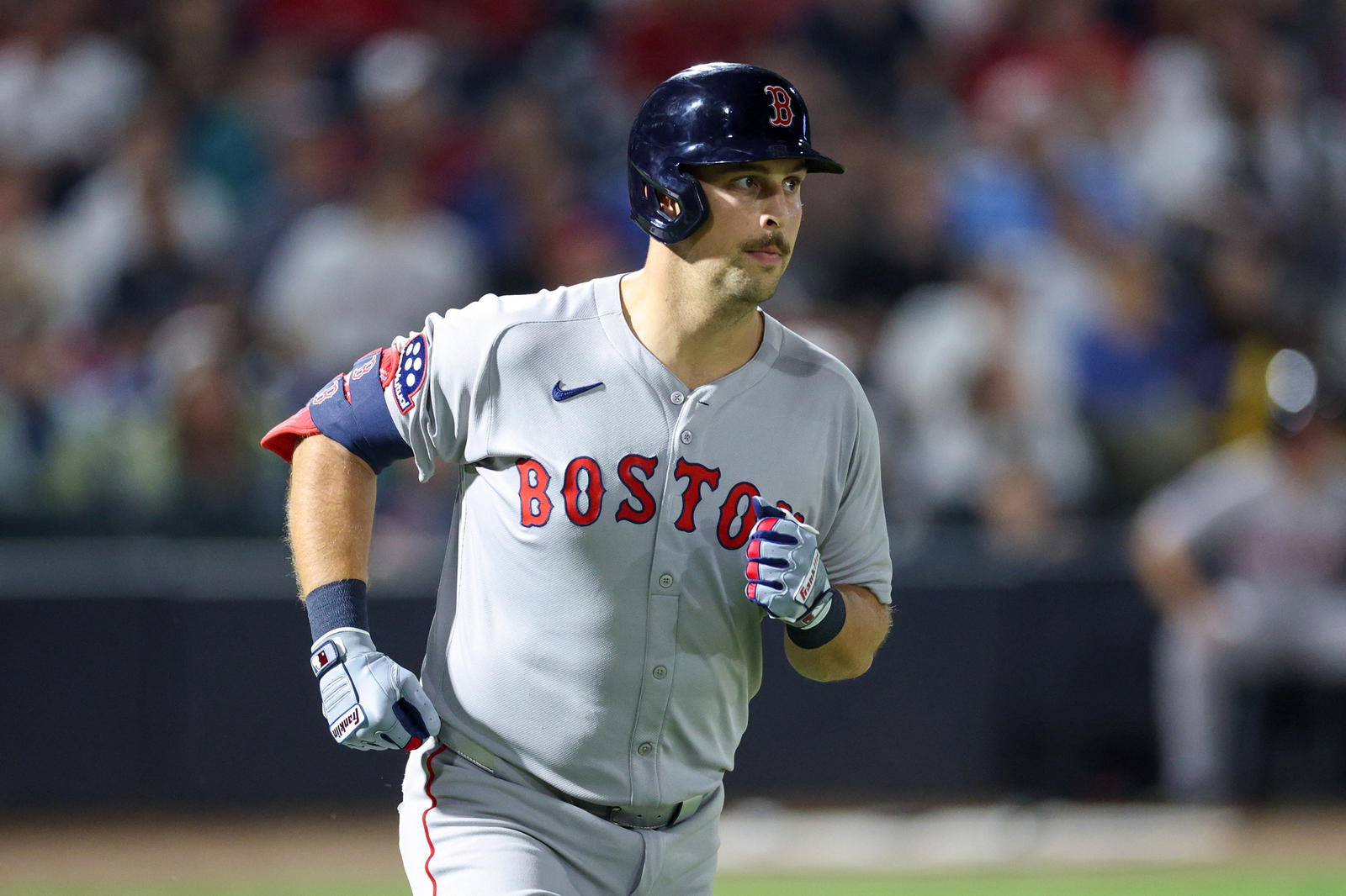 Sep 20, 2025; Tampa, Florida, USA; Boston Red Sox first baseman Nathaniel Lowe (37) reacts after hitting an rbi sacrifice fly ball against the Tampa Bay Rays in the sixth inning at George M. Steinbrenner Field. (Nathan Ray Seebeck/Imagn Images)