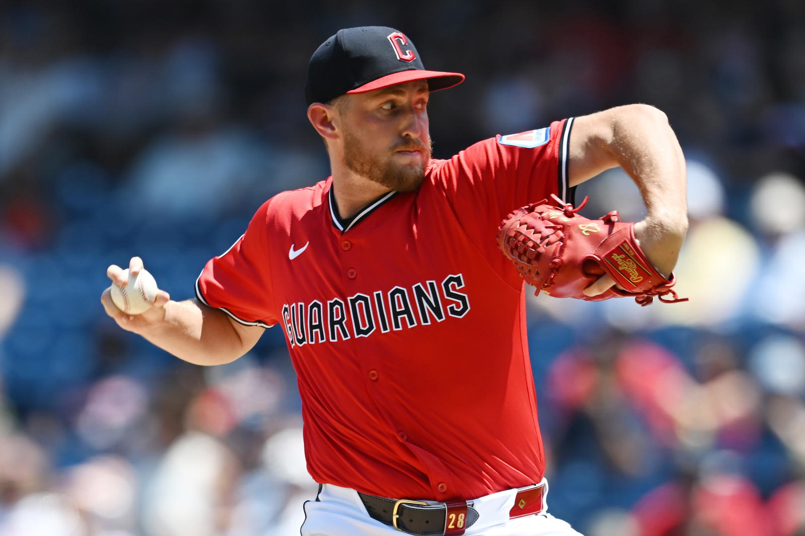 Jun 26, 2025; Cleveland, Ohio, USA; Cleveland Guardians starting pitcher Tanner Bibee (28) throws a pitch during the first inning against the Toronto Blue Jays at Progressive Field. Mandatory Credit: Ken Blaze-Imagn Images
