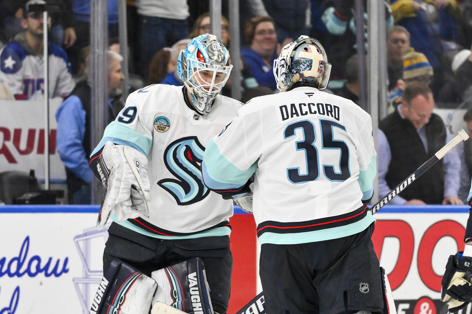 Nikke Kokko and Joey Daccord (Jeff Curry-Imagn Images)