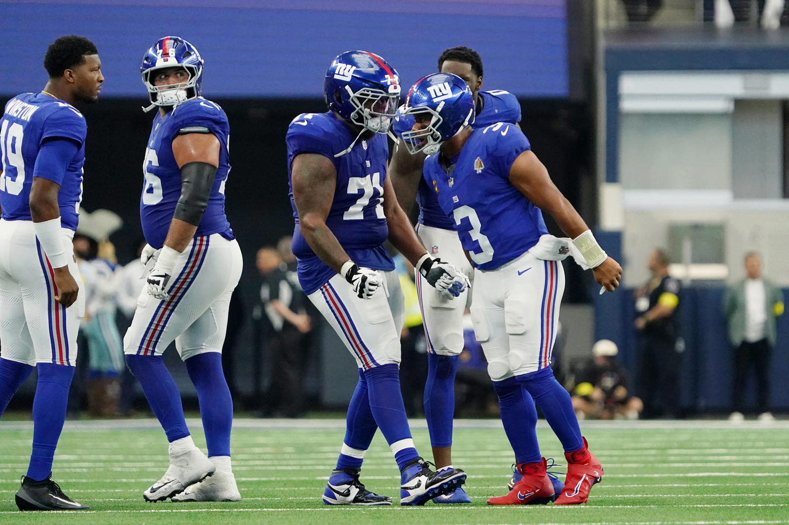 New York Giants tackle Marcus Mbow. Credit: Raymond Carlin III-Imagn Images.
