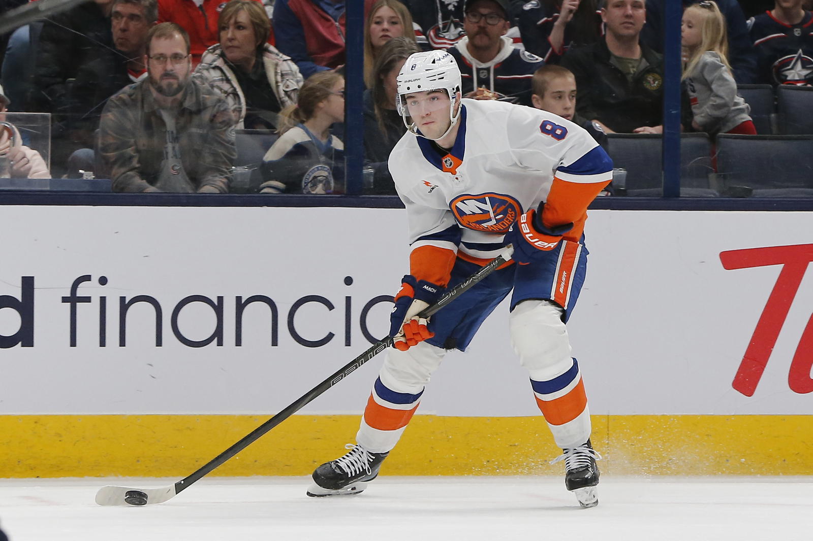 Apr 17, 2025; Columbus, Ohio, USA; New York Islanders defenseman Noah Dobson (8) looks to shoot against the New York Islanders during the first period at Nationwide Arena. Mandatory Credit: Russell LaBounty-Imagn Images