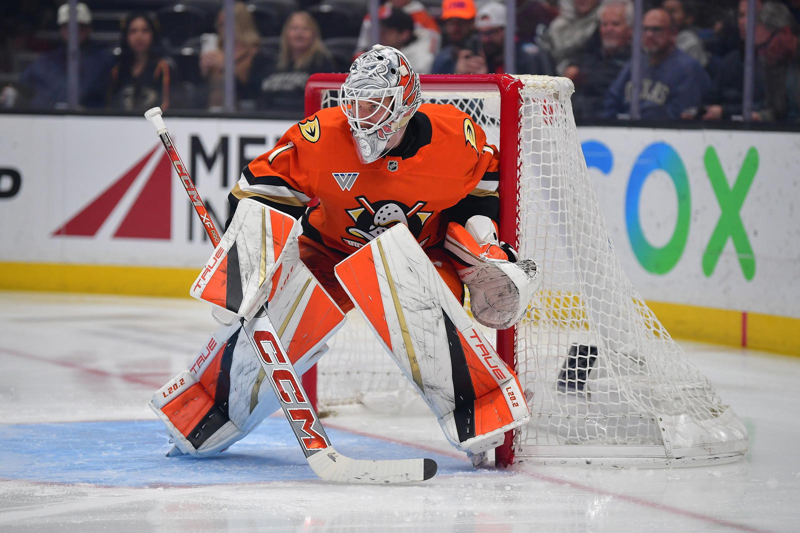 Feb 27, 2025; Anaheim, California, USA; Anaheim Ducks goaltender Lukas Dostal (1) defends the goal against the Vancouver Canucks during the first period at Honda Center. Mandatory Credit: Gary A. Vasquez-Imagn Images