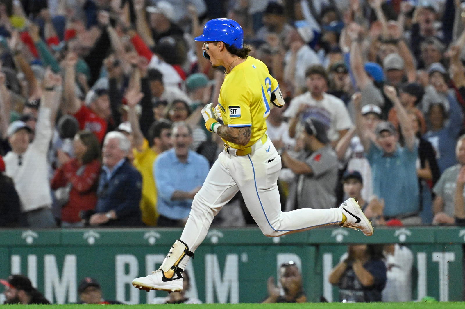 Sep 13, 2025; Boston, Massachusetts, USA; Boston Red Sox outfielder Jarren Duran (16) reacts to his one-run home run during the eighth inning against the New York Yankees at Fenway Park. (Eric Canha/Imagn Images)