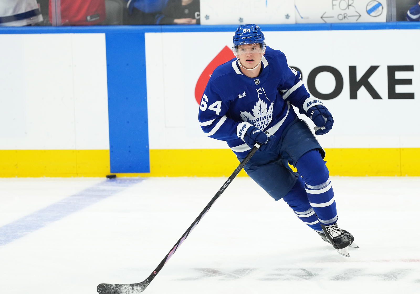 Oct 19, 2024; Toronto, Ontario, CAN; Toronto Maple Leafs center David Kampf (64) skates during the warmup before a game against the New York Rangers at Scotiabank Arena. Mandatory Credit: Nick Turchiaro-Imagn Images