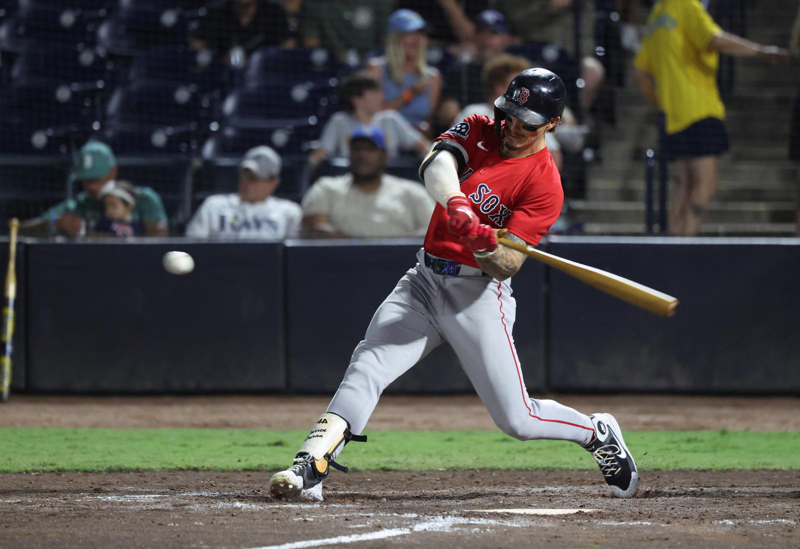 Boston Red Sox outfielder Jarren Duran (16) hits a two-run home run during the seventh inning against the Tampa Bay Rays at George M. Steinbrenner Field. Kim Klement Neitzel-Imagn Images