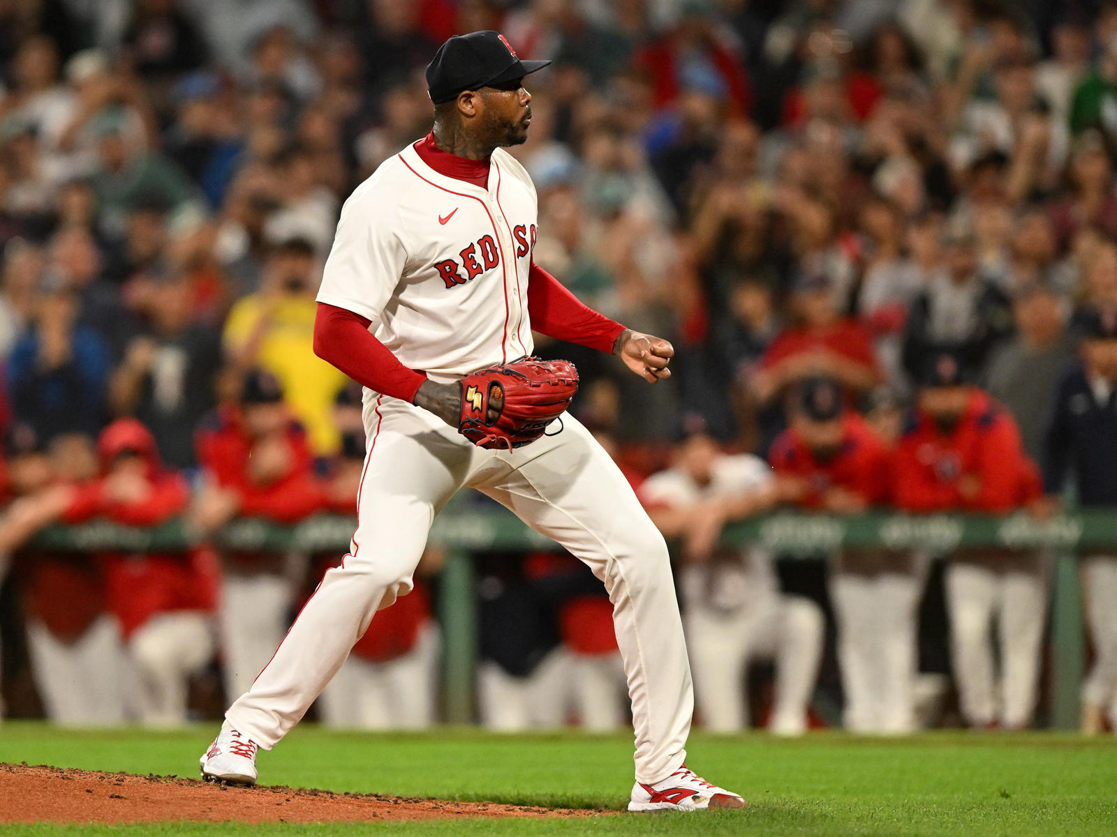 Sep 14, 2025; Boston, Massachusetts, USA; Boston Red Sox relief pitcher Aroldis Chapman (44) reacts after a game against the New York Yankees at Fenway Park. (Brian Fluharty/Imagn Images)