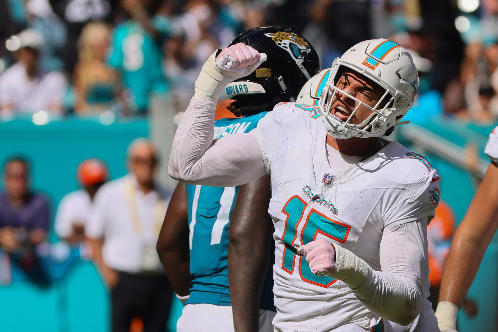 Miami Dolphins edge rusher Jaelan Phillips. Credit: Sam Navarro-Imagn Images.