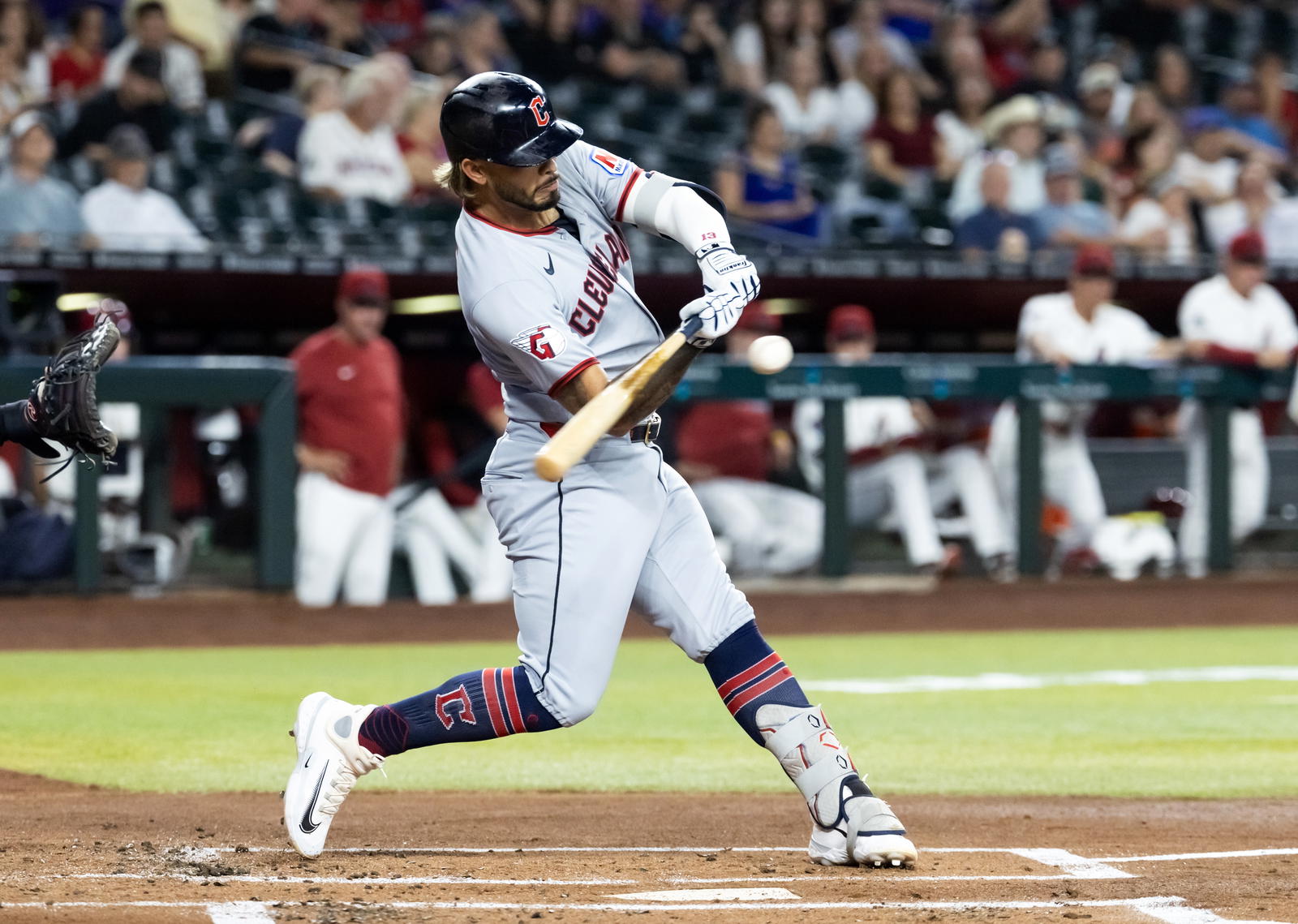 Aug 19, 2025; Phoenix, Arizona, USA; Cleveland Guardians shortstop Gabriel Arias against the Arizona Diamondbacks at Chase Field. Mandatory Credit: Mark J. Rebilas-Imagn Images