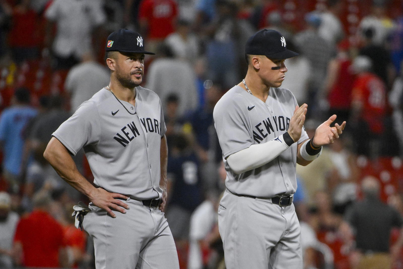 Yankees outfielders Giancarlo Stanton and Aaron Judge. Credit: Jeff Curry-Imagn Images.