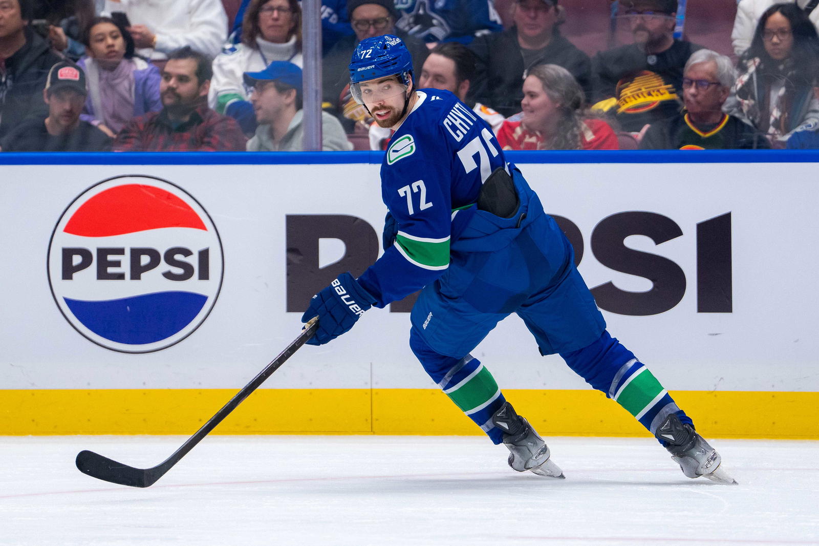 Feb 2, 2025; Vancouver, British Columbia, CAN; Vancouver Canucks forward Filip Chytil (72) skates against the Detroit Red Wings in the second period at Rogers Arena. Mandatory Credit: Bob Frid-Imagn Images