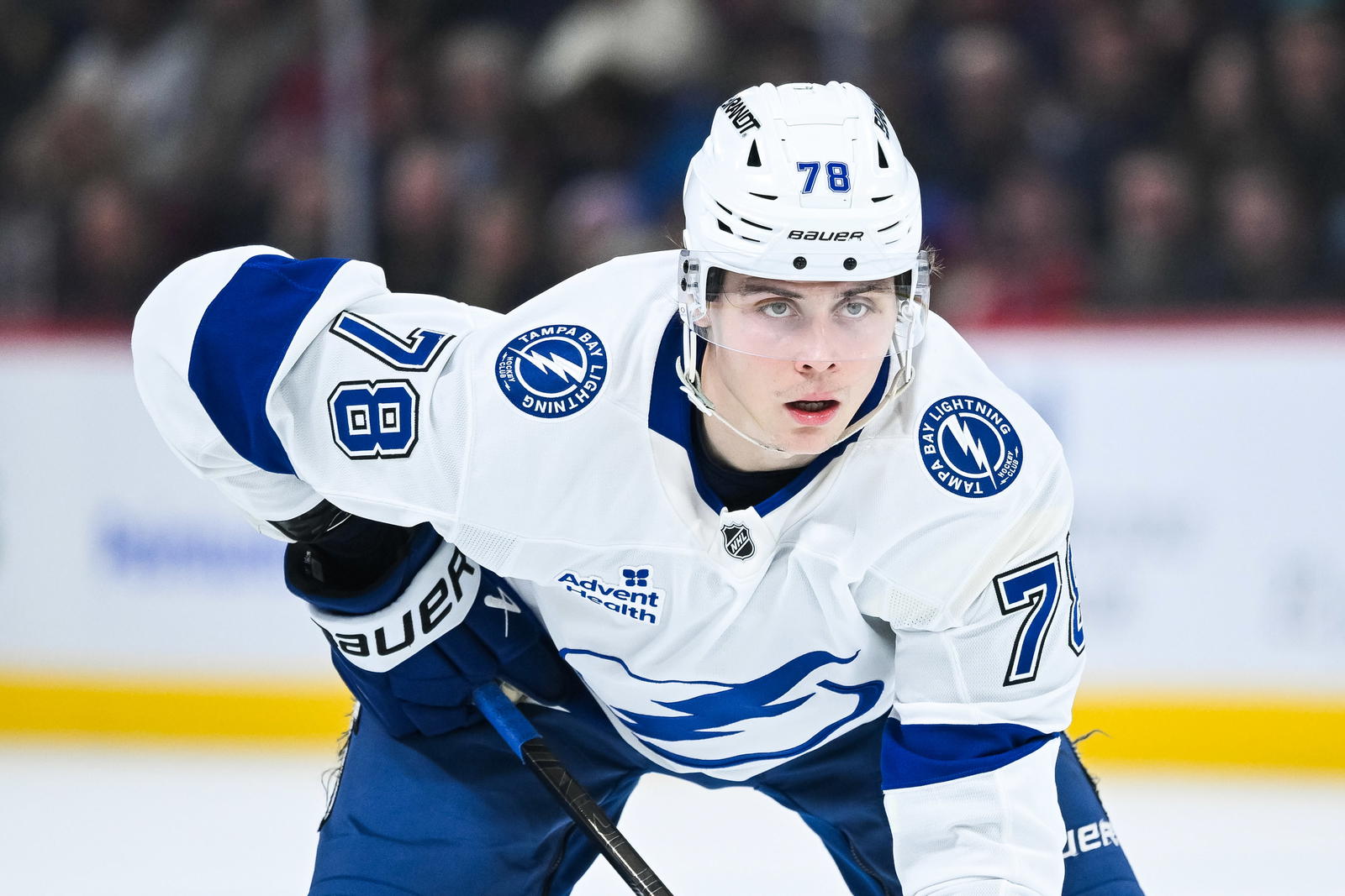 Tampa Bay Lightning defenseman Emil Lilleberg (78) waits for a face-off against the Montreal Canadiens during the second period at Bell Centre. Mandatory Credit: David Kirouac-Imagn Images