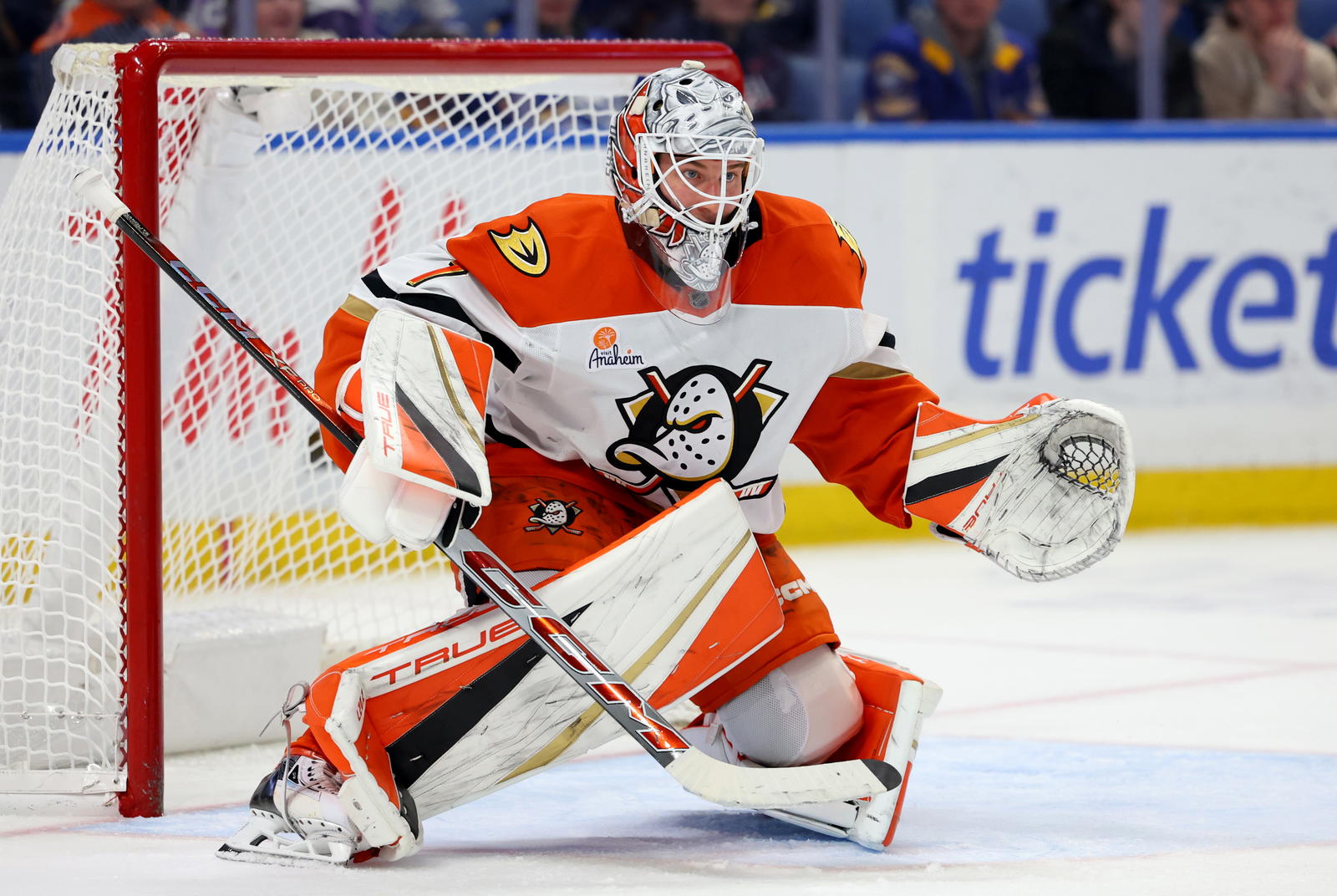 Feb 25, 2025; Buffalo, New York, USA; Anaheim Ducks goaltender Lukas Dostal (1) looks for the puck during the second period against the Buffalo Sabres at KeyBank Center. Mandatory Credit: Timothy T. Ludwig-Imagn Images