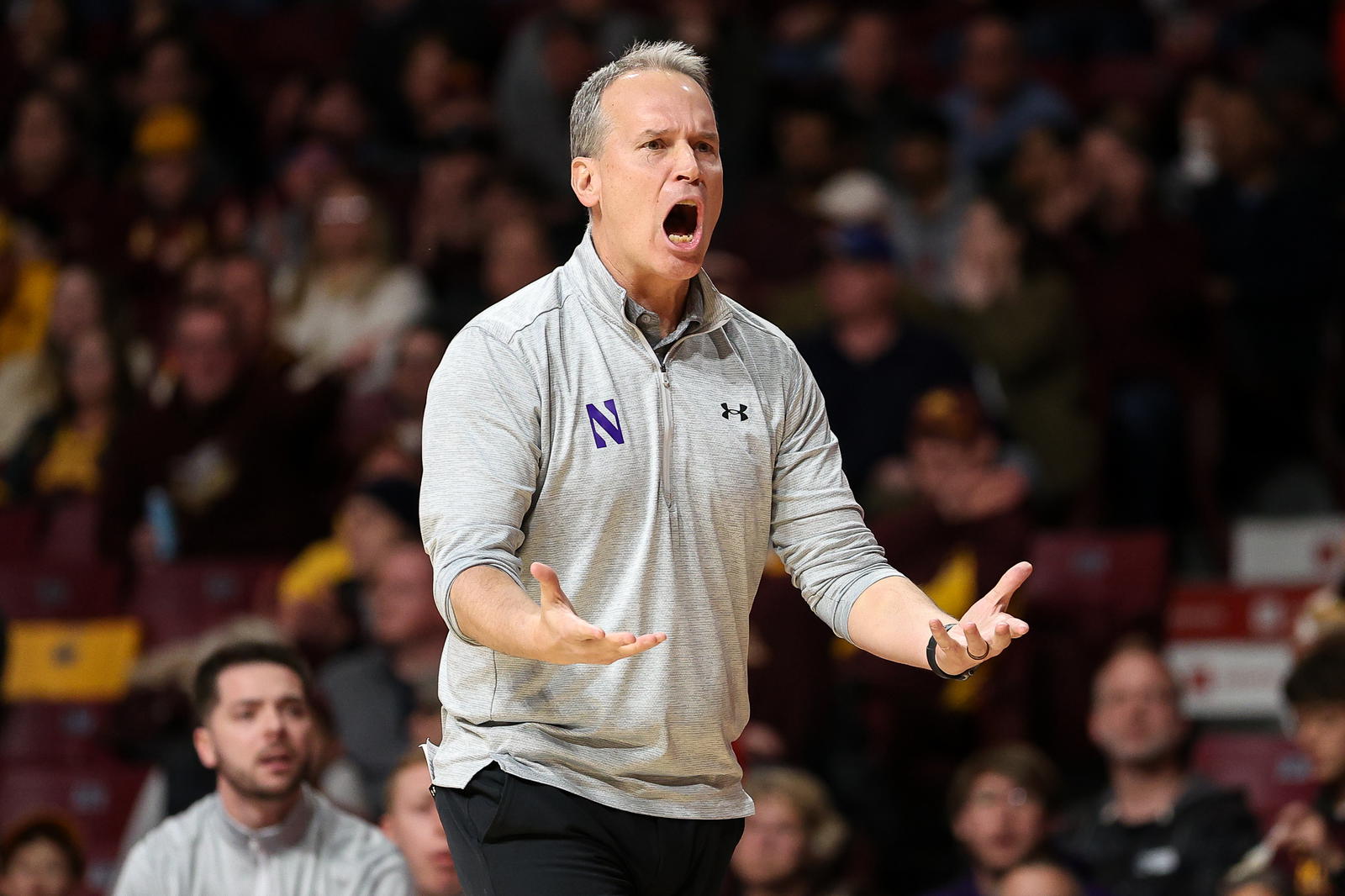 Feb 25, 2025; Minneapolis, Minnesota, USA; Northwestern Wildcats head coach Chris Collins reacts to a possession call during the first half against the Minnesota Golden Gophers at Williams Arena. Mandatory Credit: Matt Krohn-Imagn Images