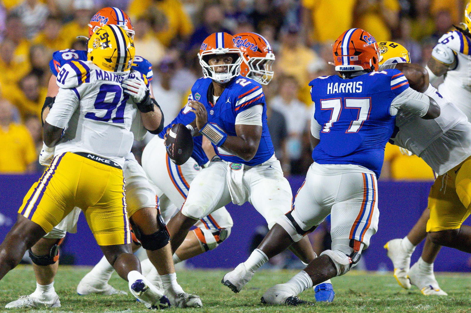 The LSU defense harassed Florida quarterback DJ Lagway into five ugly interceptions. © Stephen Lew