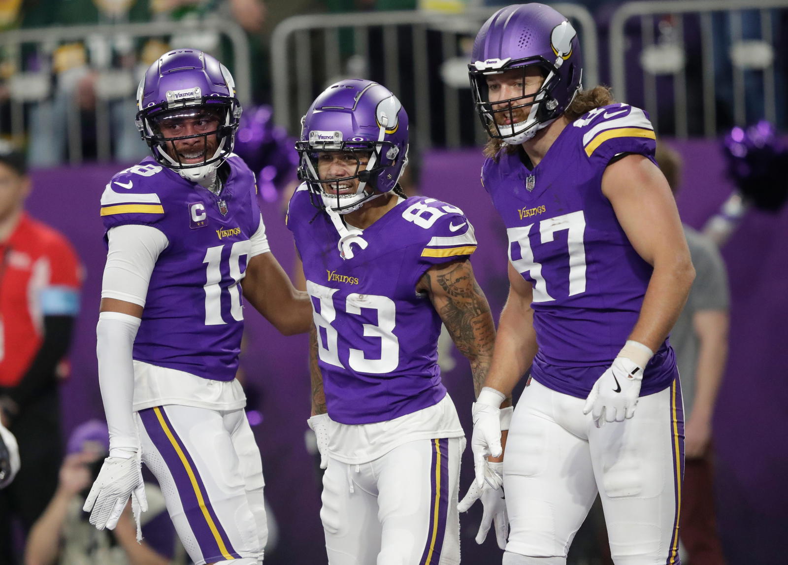 Minnesota Vikings wide receiver Jalen Nailor (83) celebrates scoring a touchdown with teamates during their football game against the Green Bay Packers Sunday, December 29, 2024, at U.S. Bank Stadium in Minneapolis, Minnesota.<br>Dan Powers/USA TODAY NETWORK-Wisconsin / USA TODAY NETWORK via Imagn Images