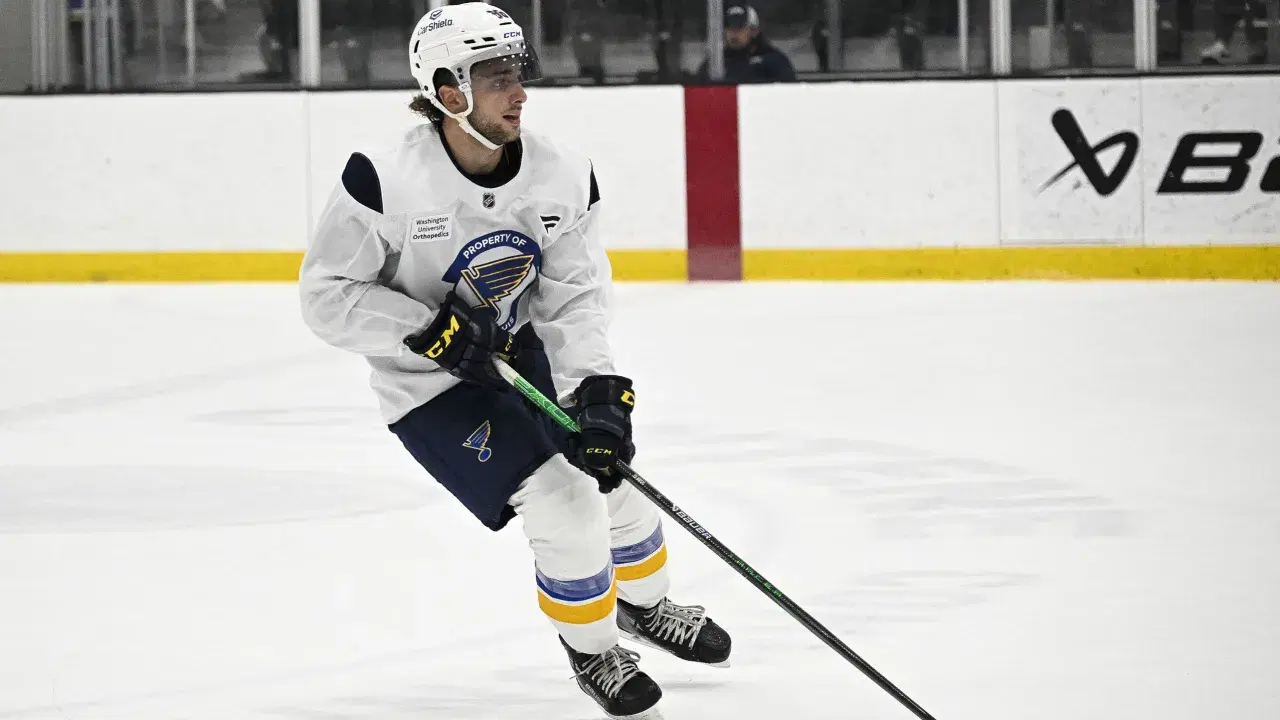St. Louis Blues prospect Tomas Mrsic, a 2024 fourth-round pick, skates during development camp earlier this month. The forward will play at Colorado College this upcoming season. (St. Louis Blues photo) 