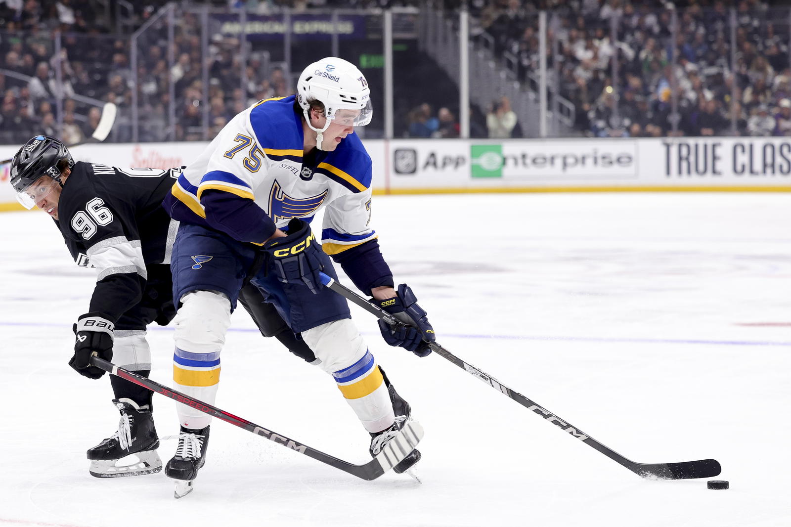 St. Louis Blues defenseman Tyler Tucker (75) will start the season paired with Logan Mailloux. (Ryan Sun-Imagn Images)